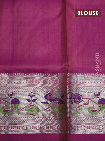 Venkatagiri silk saree peach pink and purple with allover silver zari checks & buttas and silver zari woven peacock design border