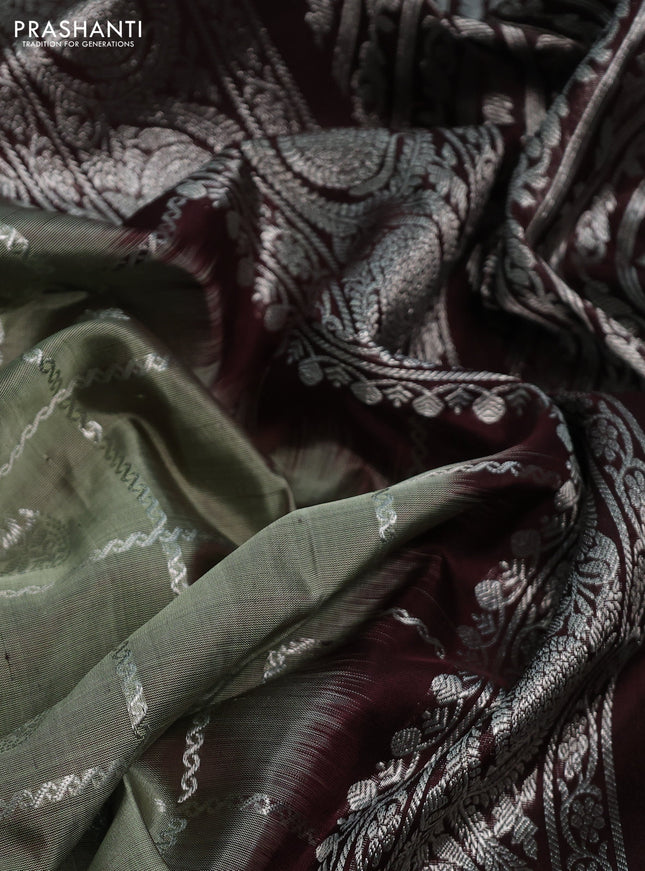 Venkatagiri silk saree pastel green and deep coffee brown with allover silver zari checks & buttas and silver zari woven butta border