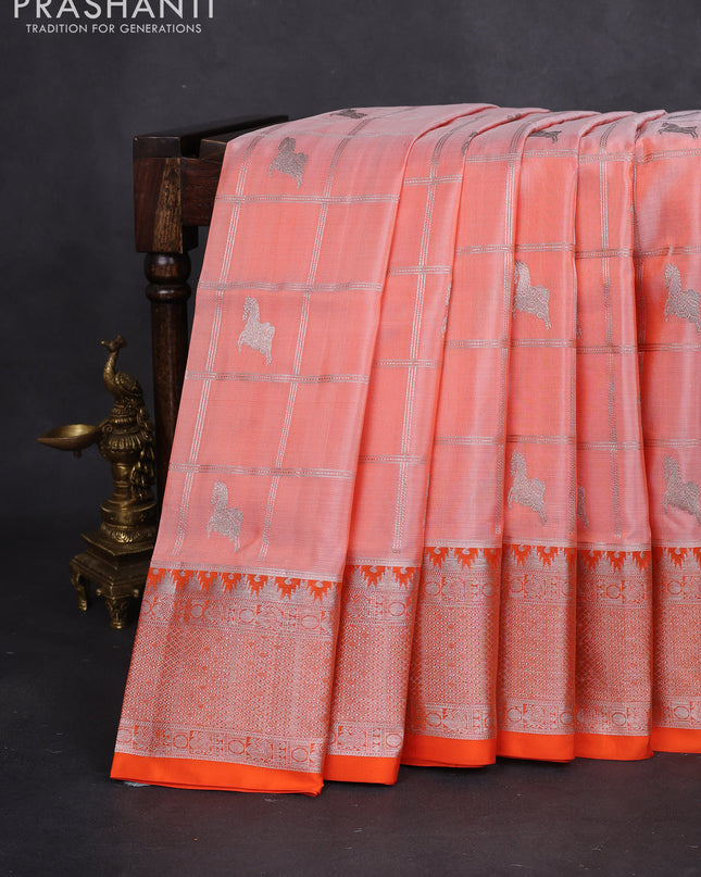 Venkatagiri silk saree peach orange and orange with allover silver zari checks & buttas and rich silver zari woven border