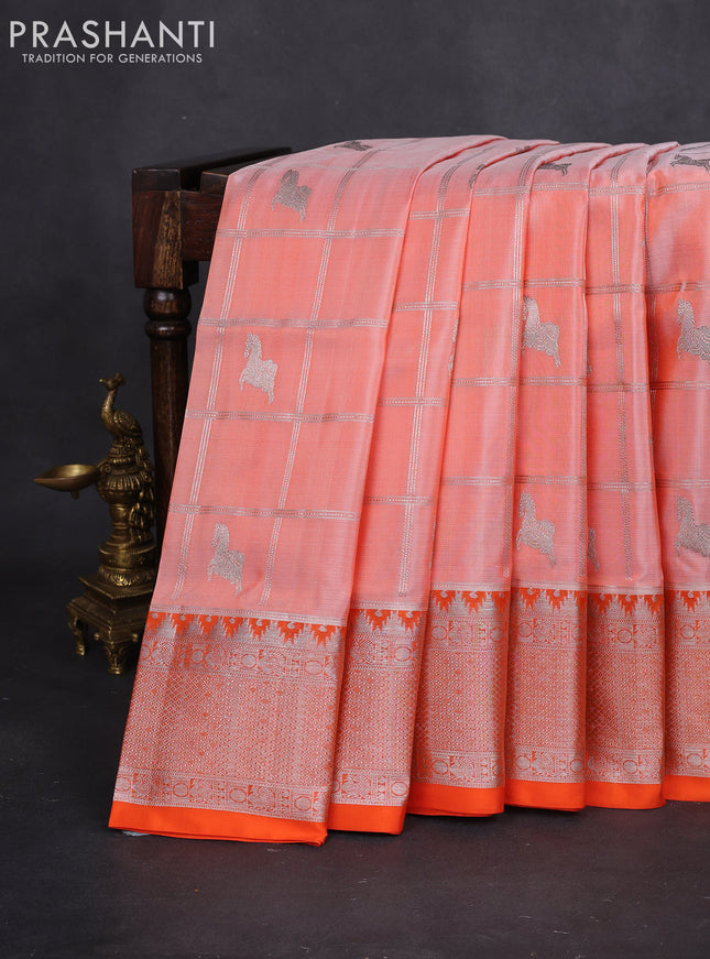 Venkatagiri silk saree peach orange and orange with allover silver zari checks & buttas and rich silver zari woven border