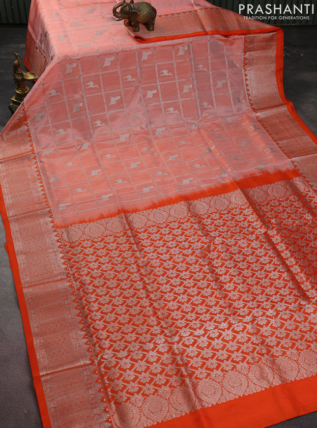 Venkatagiri silk saree peach orange and orange with allover silver zari checks & buttas and rich silver zari woven border