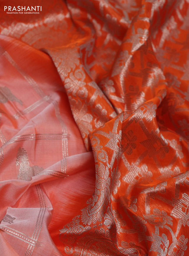 Venkatagiri silk saree peach orange and orange with allover silver zari checks & buttas and rich silver zari woven border
