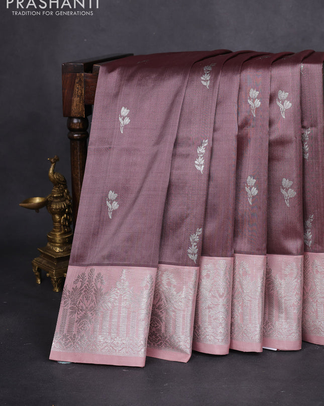 Venkatagiri silk saree brown shade and pastel pink with silver zari woven floral buttas and rich silver zari woven border