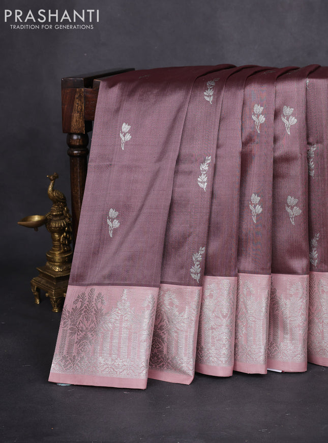 Venkatagiri silk saree brown shade and pastel pink with silver zari woven floral buttas and rich silver zari woven border