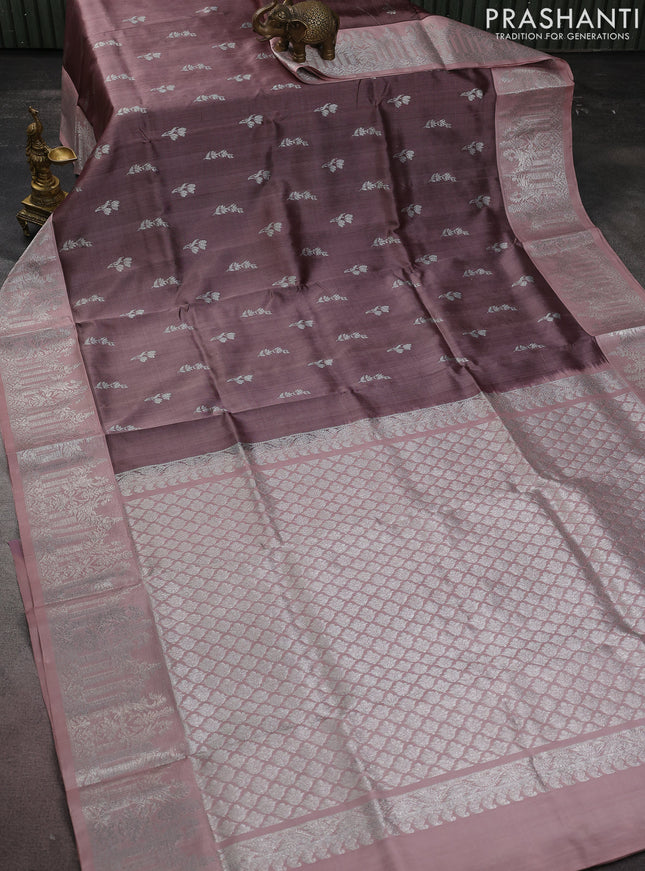 Venkatagiri silk saree brown shade and pastel pink with silver zari woven floral buttas and rich silver zari woven border