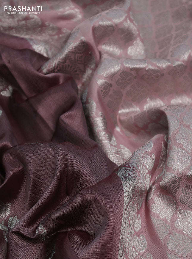 Venkatagiri silk saree brown shade and pastel pink with silver zari woven floral buttas and rich silver zari woven border