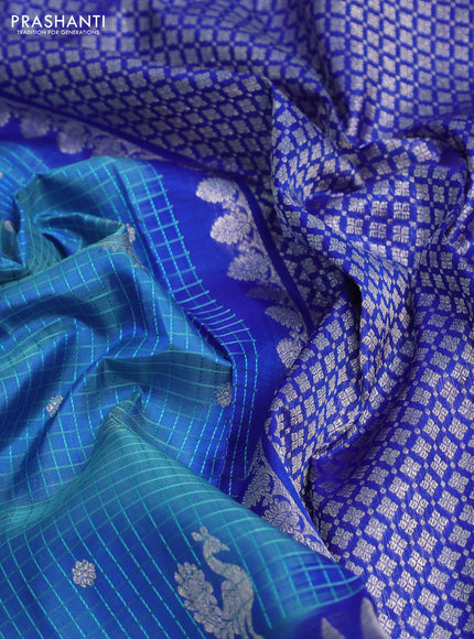 Venkatagiri silk saree teal blue and blue with allover thread checks & silver zari buttas and temple design silver zari woven border