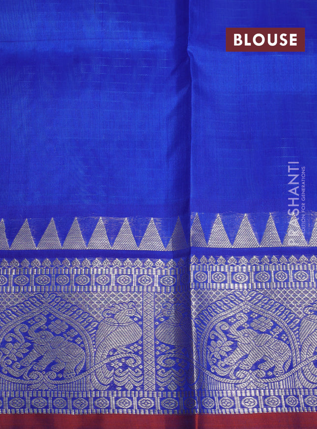 Venkatagiri silk saree teal blue and blue with allover thread checks & silver zari buttas and temple design silver zari woven border