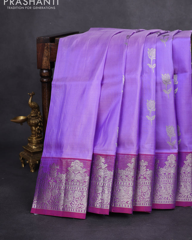 Venkatagiri silk saree lavender and dual shade of maroon with silver zari woven floral buttas and rich zari woven border