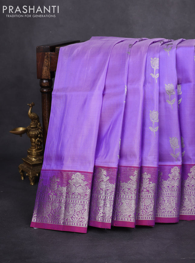 Venkatagiri silk saree lavender and dual shade of maroon with silver zari woven floral buttas and rich zari woven border