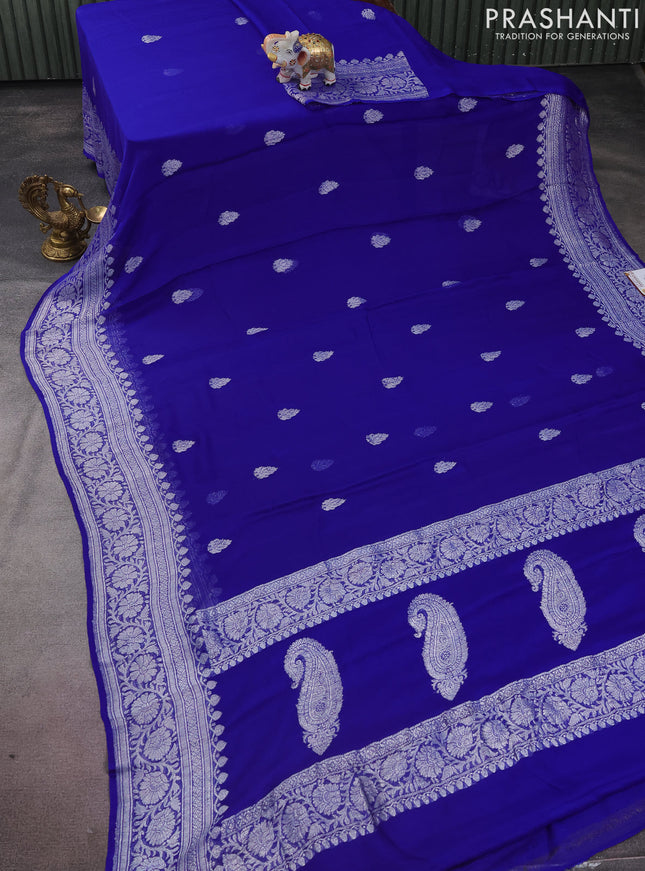 Banarasi chiffon silk saree royal blue with silver zari woven buttas and silver zari woven border