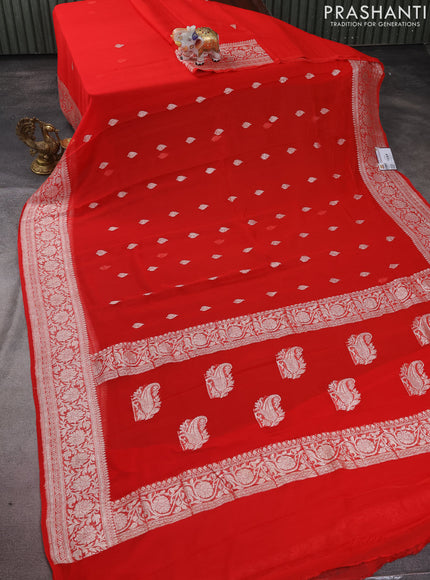 Banarasi chiffon silk saree red with silver zari woven buttas and silver zari woven border