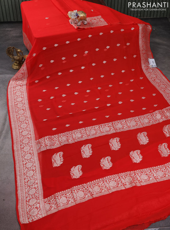 Banarasi chiffon silk saree red with silver zari woven buttas and silver zari woven border