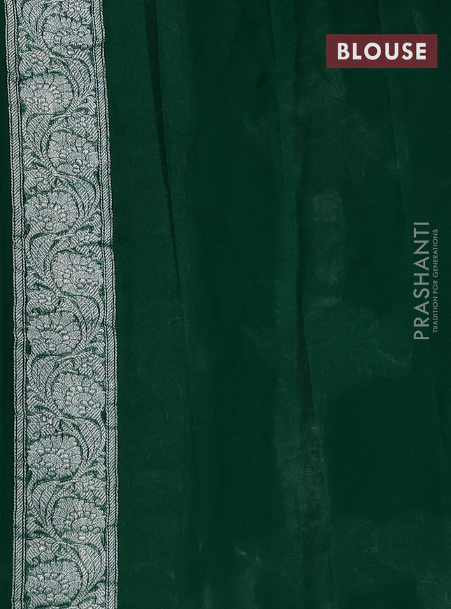 Banarasi chiffon silk saree dark green with silver zari woven buttas and silver zari woven border