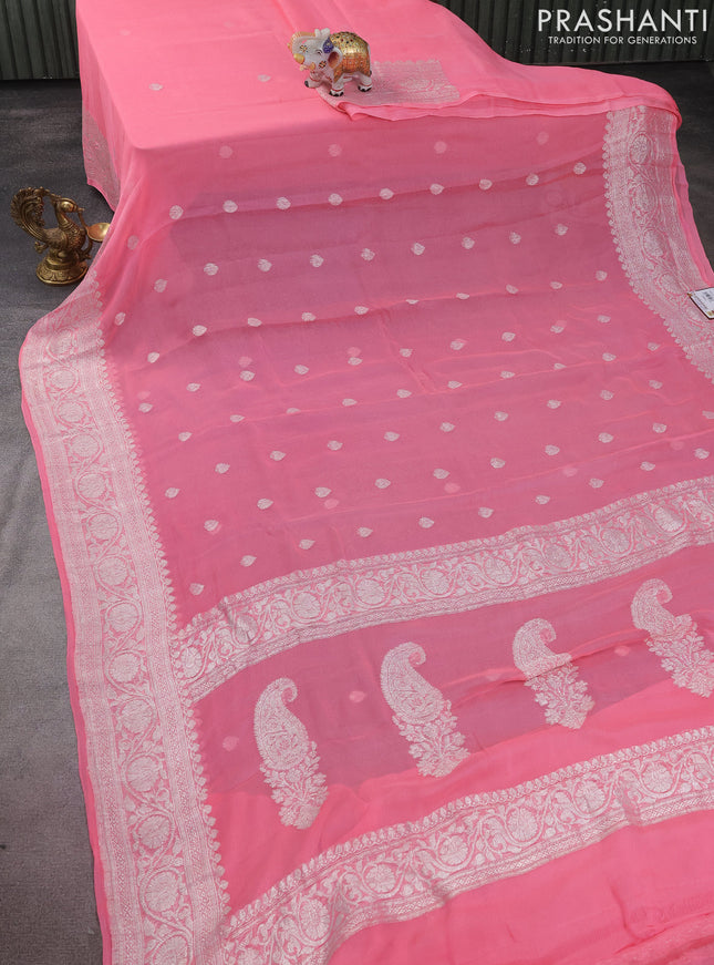 Banarasi chiffon silk saree peach pink with silver zari woven buttas and silver zari woven border