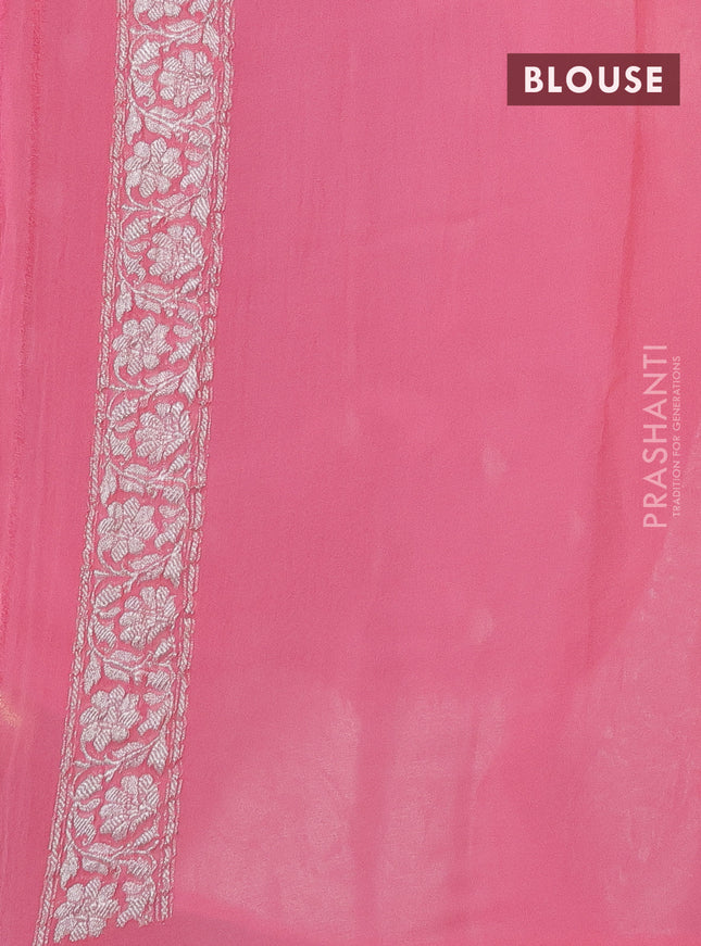 Banarasi chiffon silk saree peach pink with silver zari woven buttas and silver zari woven border