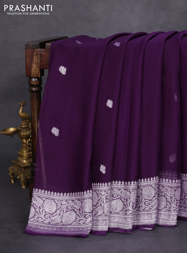 Banarasi chiffon silk saree purple with silver zari woven buttas and silver zari woven border