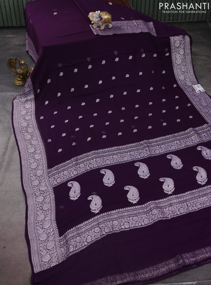 Banarasi chiffon silk saree purple with silver zari woven buttas and silver zari woven border