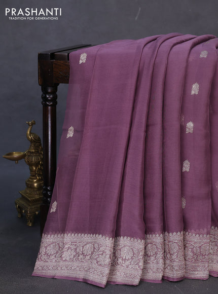 Banarasi chiffon silk saree pastel wine shade with silver zari woven buttas and silver zari woven border