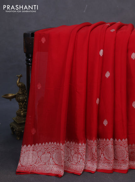 Banarasi chiffon silk saree red with silver zari woven buttas and silver zari woven border