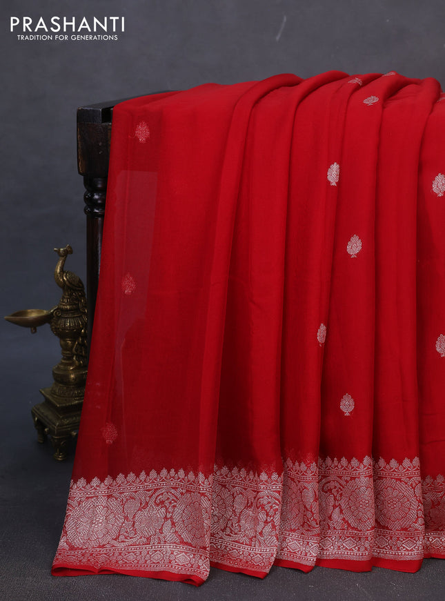 Banarasi chiffon silk saree red with silver zari woven buttas and silver zari woven border
