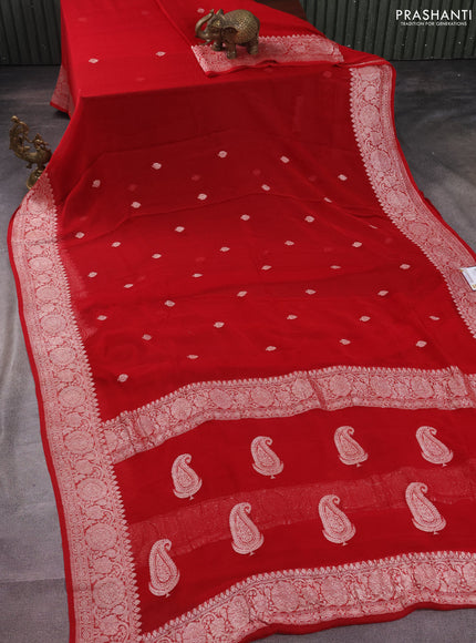 Banarasi chiffon silk saree red with silver zari woven buttas and silver zari woven border