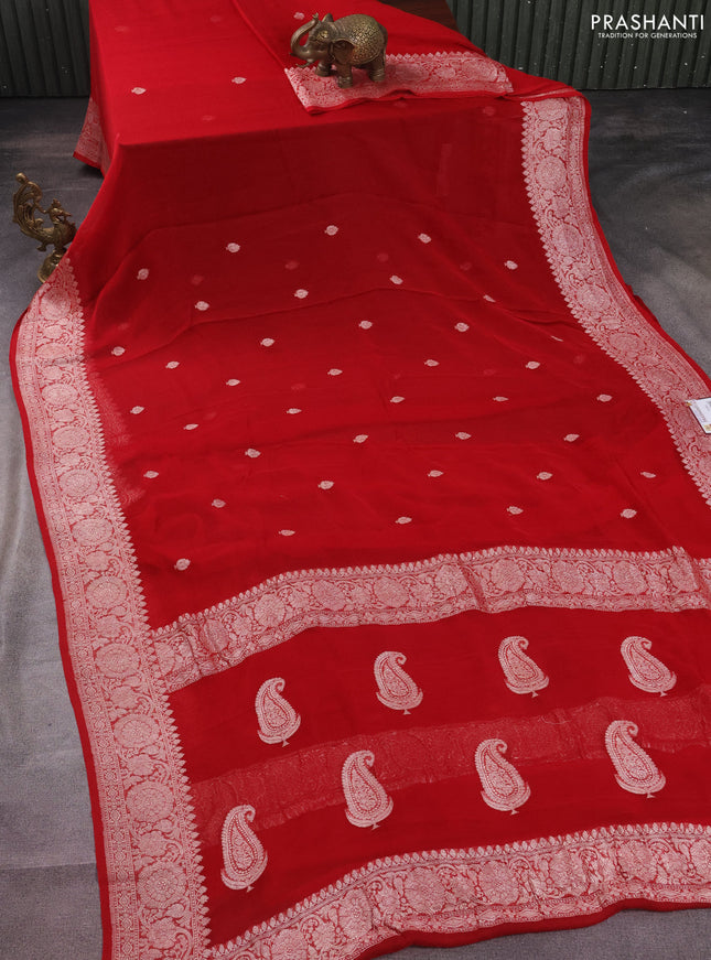 Banarasi chiffon silk saree red with silver zari woven buttas and silver zari woven border