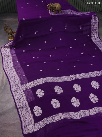Banarasi chiffon silk saree violet with silver zari woven buttas and silver zari woven border