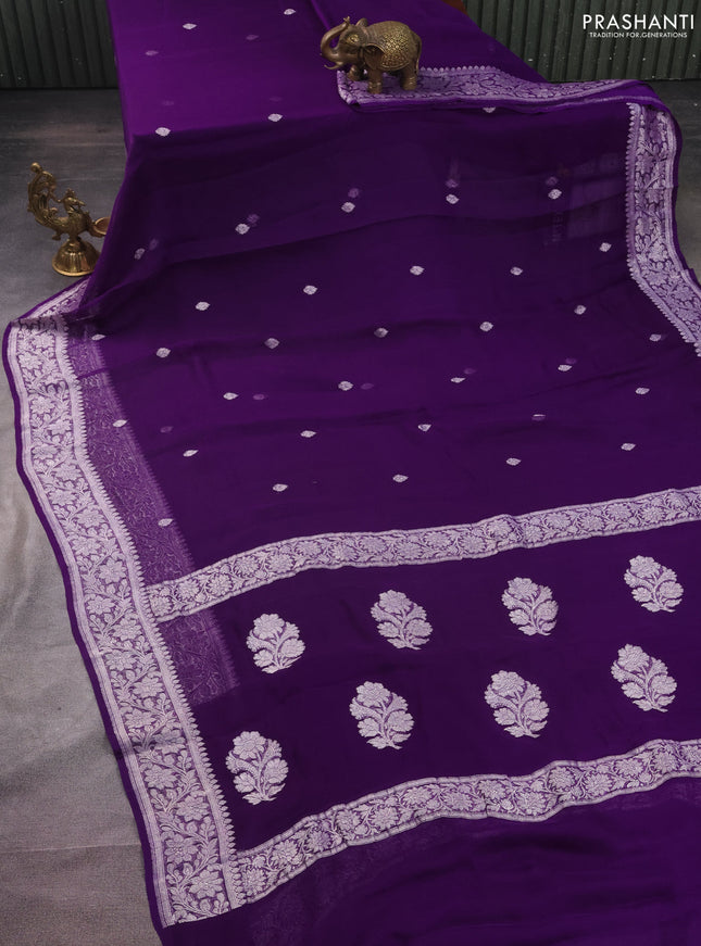 Banarasi chiffon silk saree violet with silver zari woven buttas and silver zari woven border