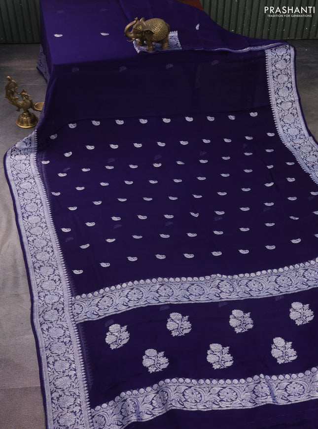 Banarasi chiffon silk saree navy blue with paisley silver zari woven buttas and floral silver zari woven border