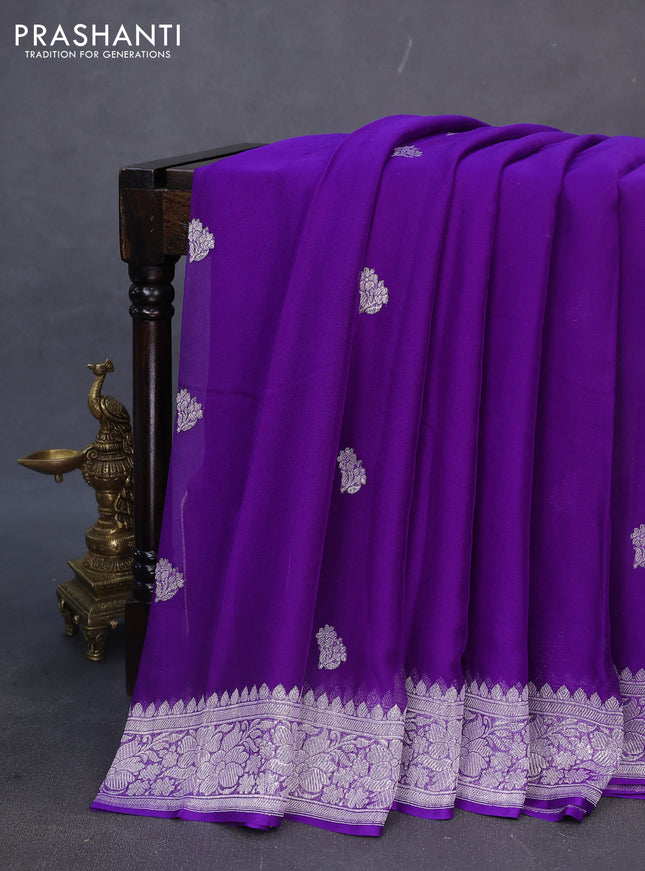Banarasi chiffon silk saree violet with silver zari woven buttas and silver zari woven border
