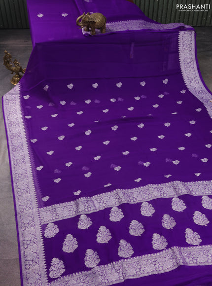 Banarasi chiffon silk saree violet with silver zari woven buttas and silver zari woven border