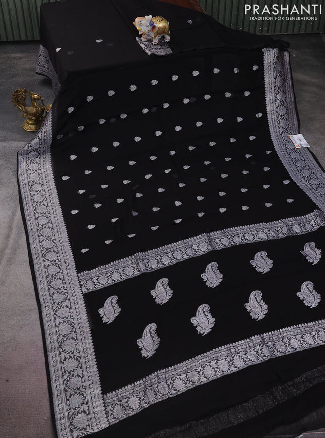 Banarasi chiffon silk saree black with silver zari woven buttas and silver zari woven border
