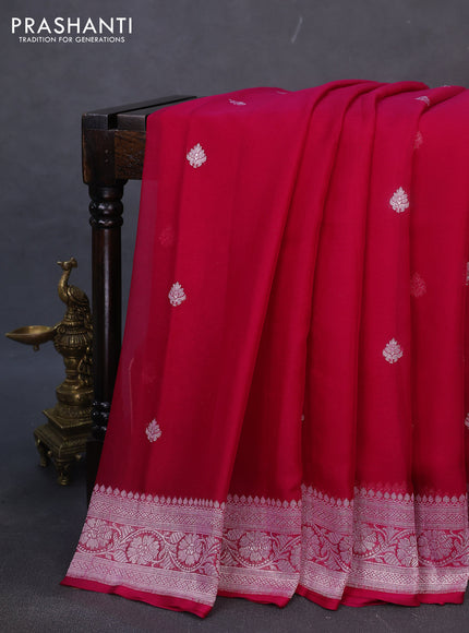 Banarasi chiffon silk saree dark pink with silver zari woven buttas and silver zari woven border