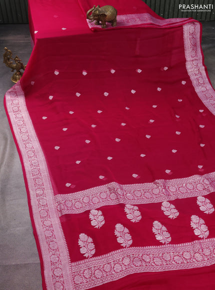Banarasi chiffon silk saree dark pink with silver zari woven buttas and silver zari woven border