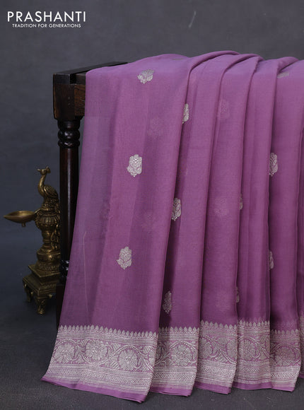Banarasi chiffon silk saree pastel purple with silver zari woven buttas and silver zari woven border