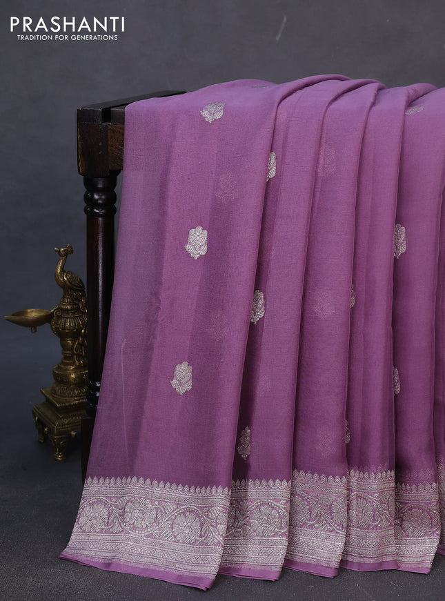 Banarasi chiffon silk saree pastel purple with silver zari woven buttas and silver zari woven border