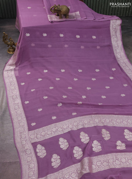 Banarasi chiffon silk saree pastel purple with silver zari woven buttas and silver zari woven border