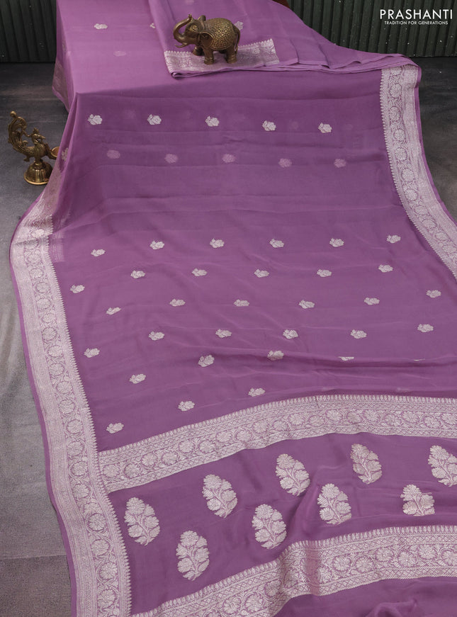 Banarasi chiffon silk saree pastel purple with silver zari woven buttas and silver zari woven border