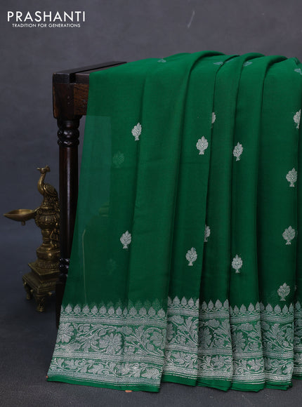 Banarasi chiffon silk saree green with silver zari woven buttas and silver zari woven border