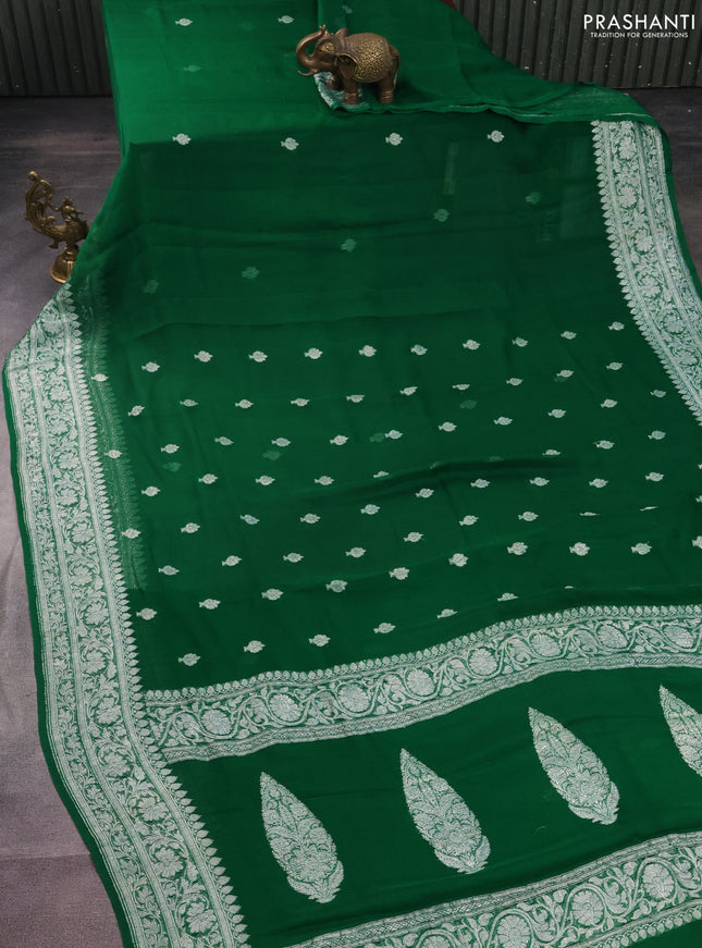 Banarasi chiffon silk saree green with silver zari woven buttas and silver zari woven border