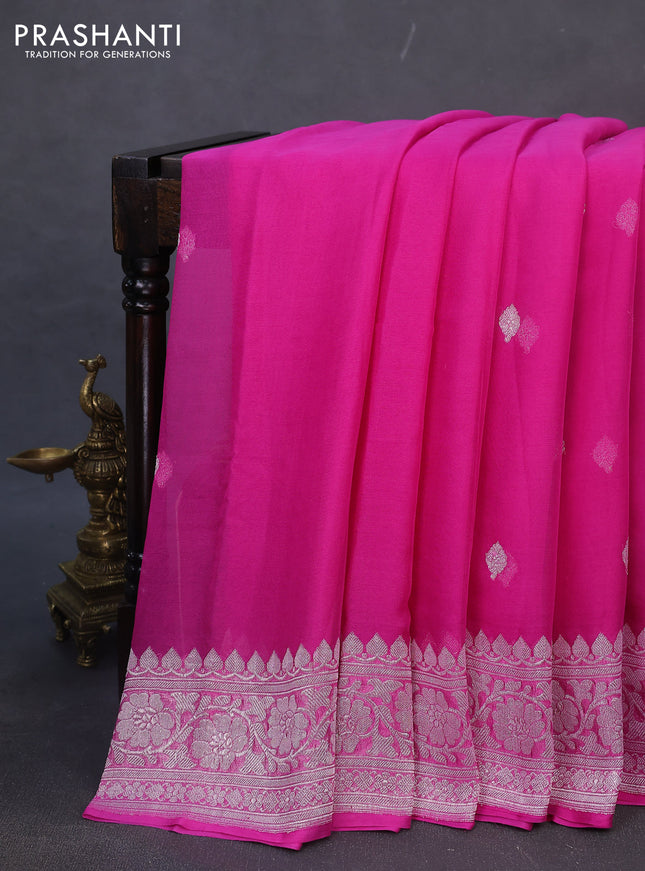 Banarasi chiffon silk saree pink with silver zari woven buttas and silver zari woven border
