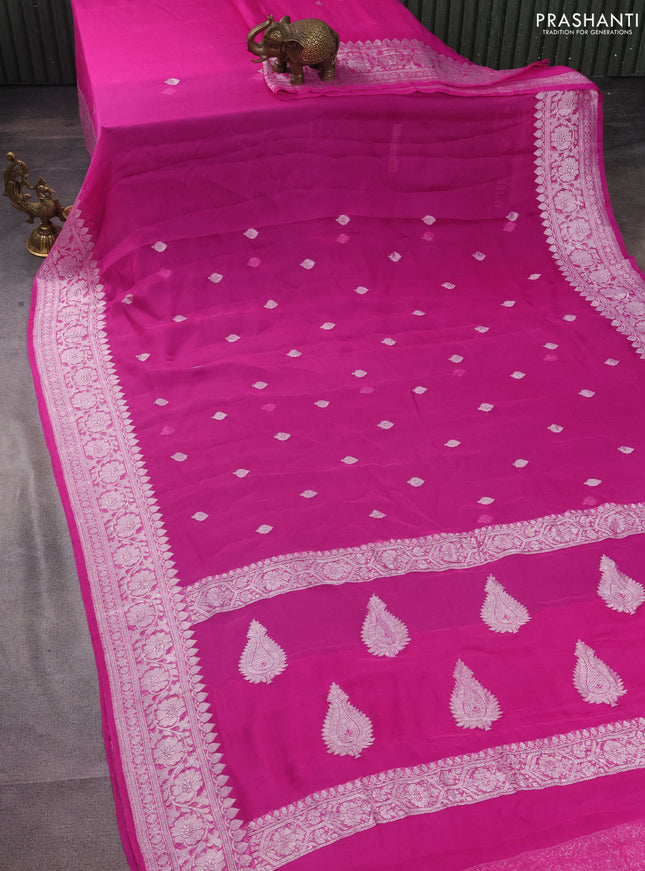 Banarasi chiffon silk saree pink with silver zari woven buttas and silver zari woven border