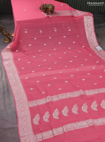 Banarasi chiffon silk saree peach pink with silver zari woven buttas and silver zari woven border