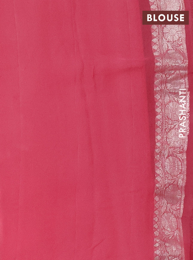 Banarasi chiffon silk saree peach pink with silver zari woven buttas and silver zari woven border