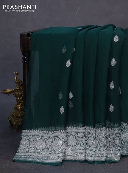 Banarasi chiffon silk saree dark green with silver zari woven buttas and silver zari woven border