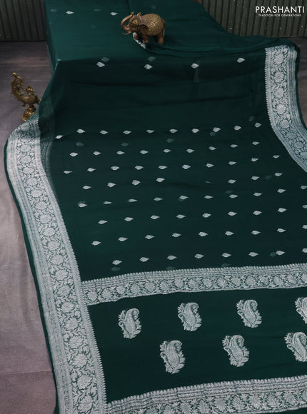 Banarasi chiffon silk saree dark green with silver zari woven buttas and silver zari woven border