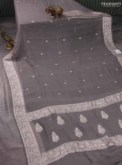Banarasi chiffon silk saree grey with silver zari woven buttas and silver zari woven border