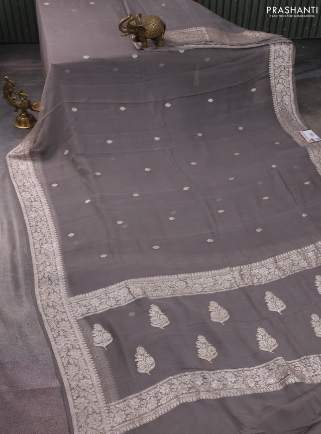 Banarasi chiffon silk saree grey with silver zari woven buttas and silver zari woven border