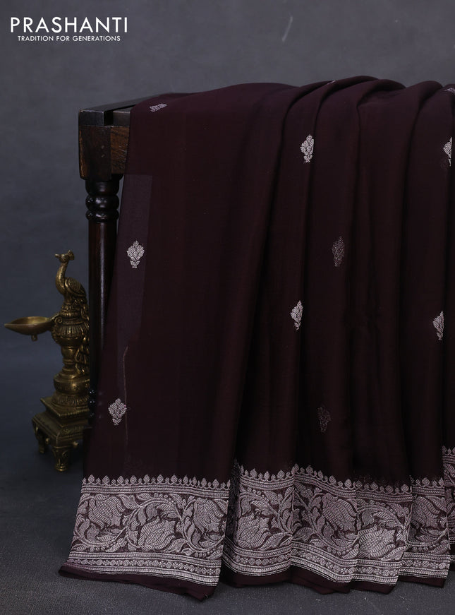 Banarasi chiffon silk saree coffee brown with silver zari woven buttas and silver zari woven border